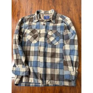 Pendleton Blue Plaid Wool Loop Collar Board Shirt Men's Size Large Button Up